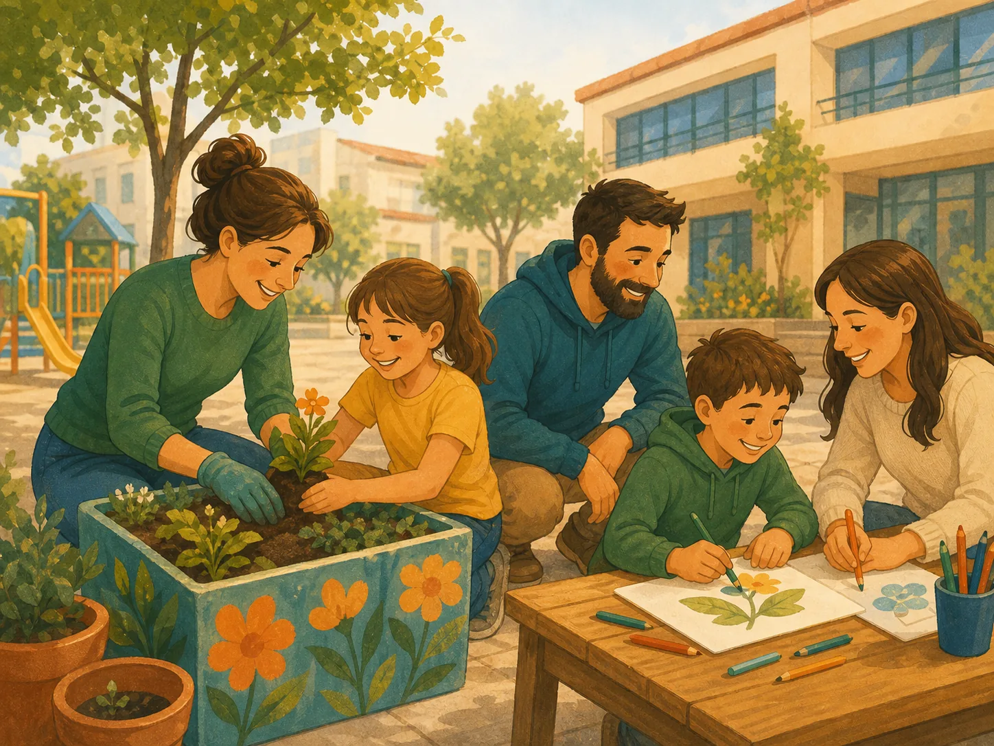 Familias colaborando en un proyecto de jardinería y dibujo en el patio del colegio